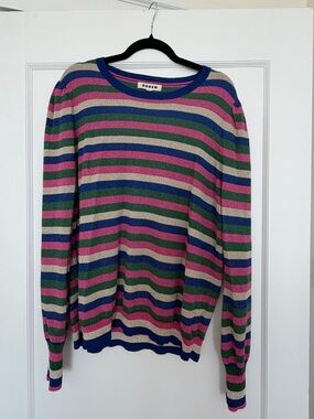 Boden Striped Metallic Puff sleeve Crewneck Sweater in Pink, Green, Blue